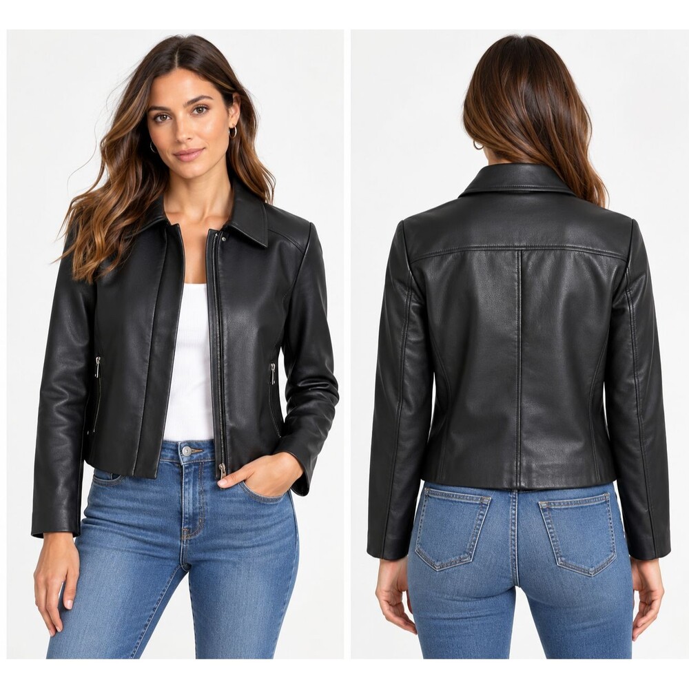 Chico’s Faux Leather Zip Front Jacket Black Cropped Lined Women’s Size 1 US M